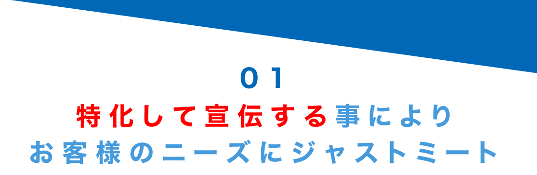 特長1特化して宣伝する事によりお客様のニーズにジャストミートする